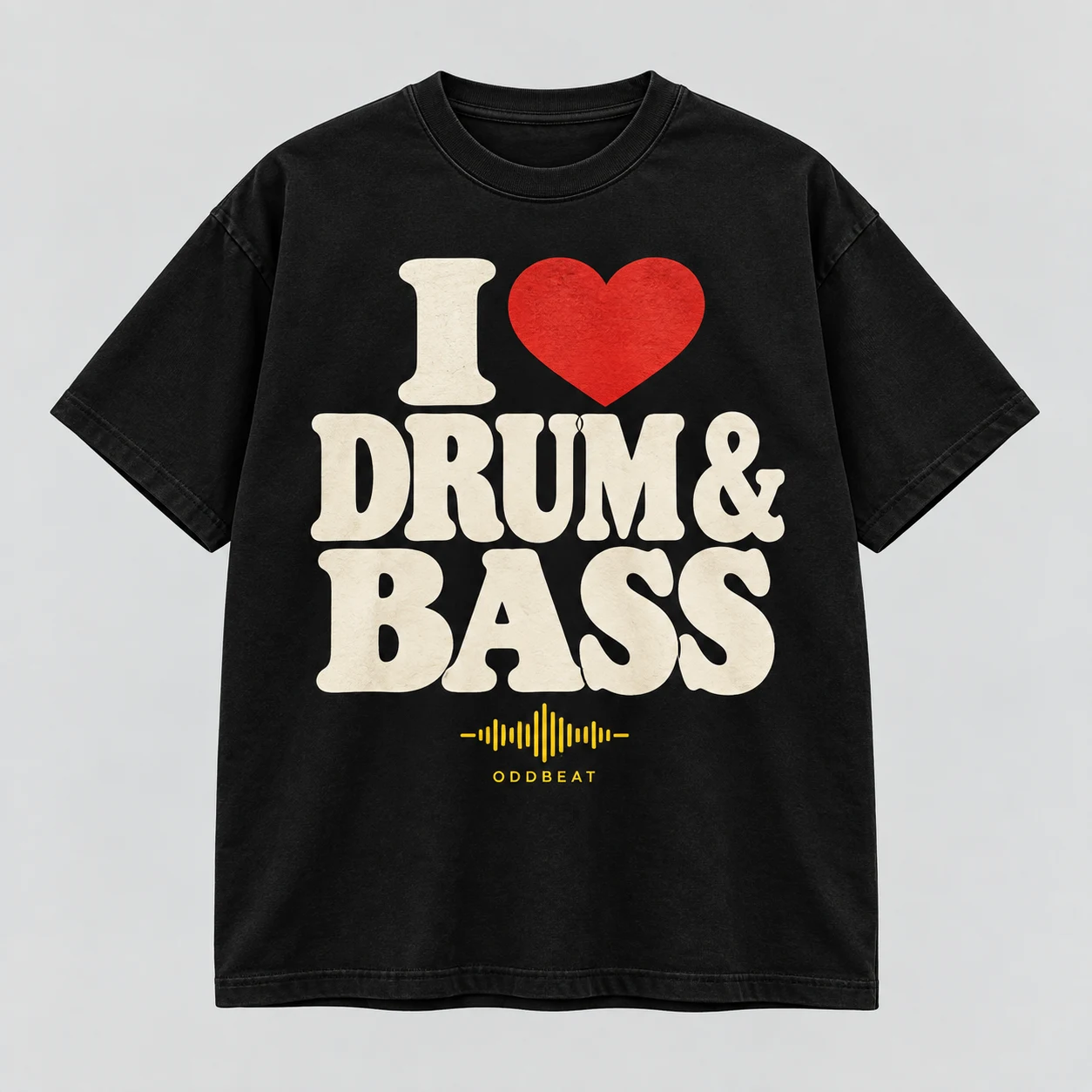 I Love Drum & Bass Tee in Black / Cream / Red — concept mockup