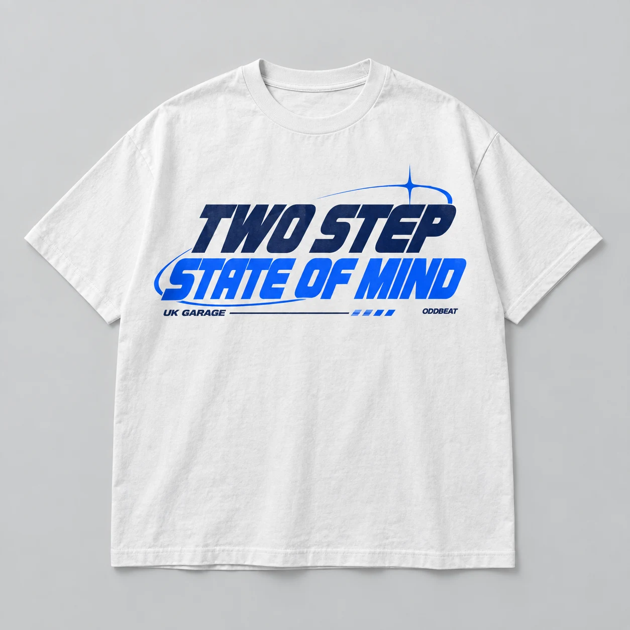 Two Step State of Mind Tee in White / Navy / Blue — concept mockup