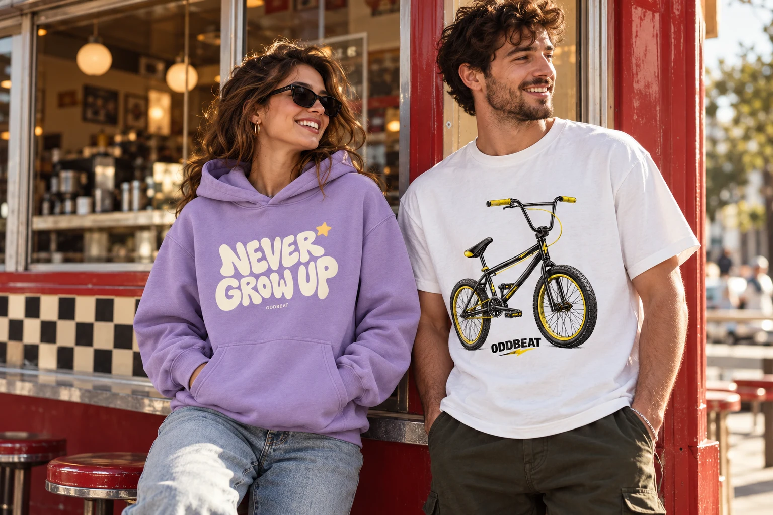Two adult friends wearing the lavender Never Grow Up hoodie and white BMX T-shirt