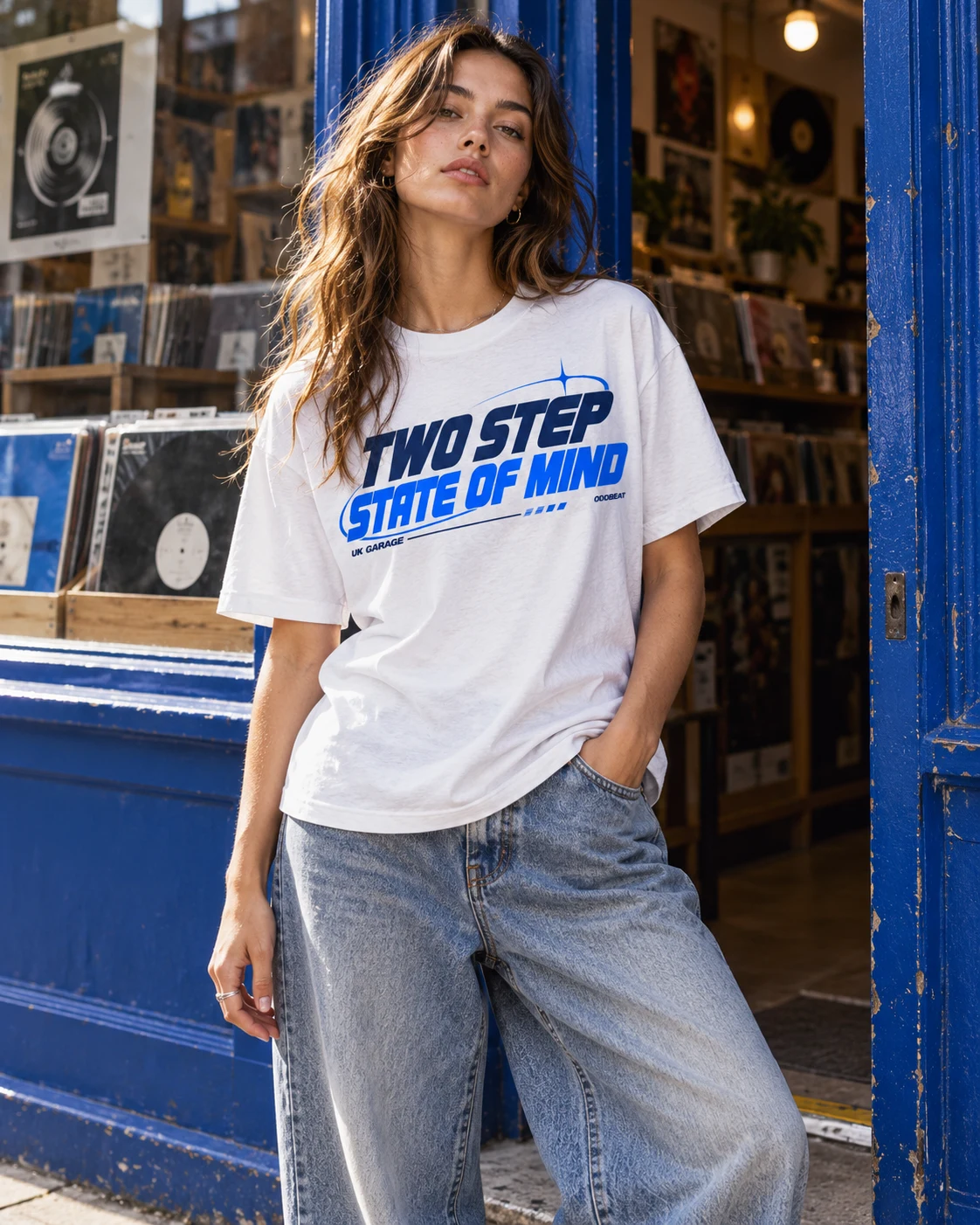 Adult model wearing the white Two Step State of Mind UK Garage tee
