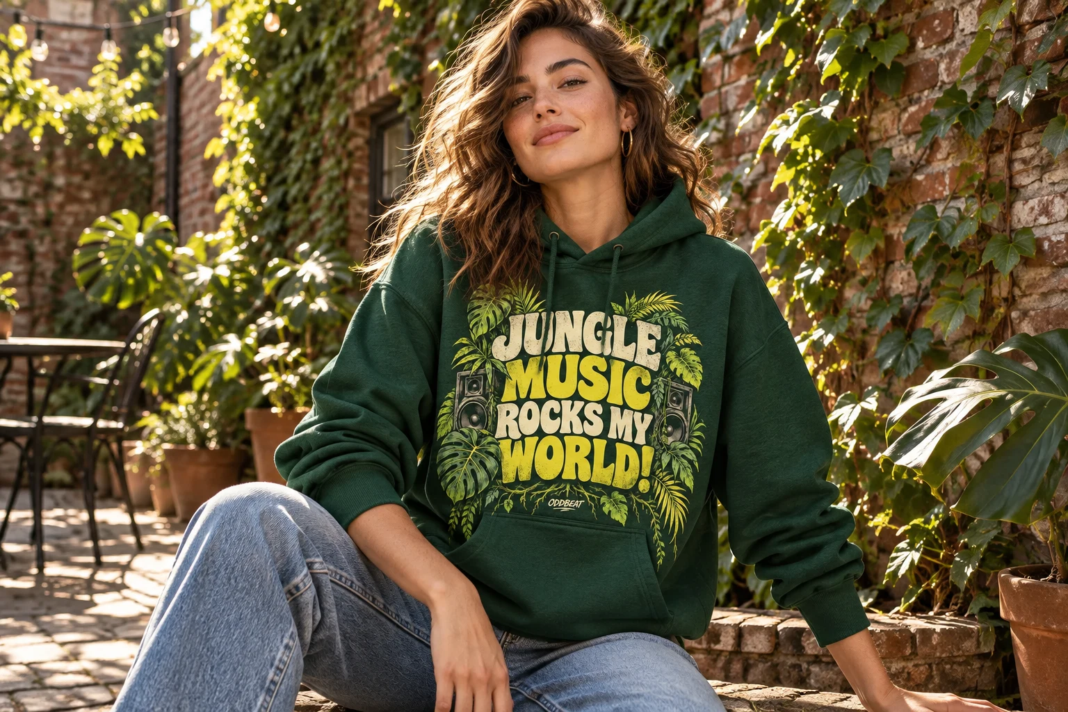 Adult woman wearing the forest-green Jungle Music Rocks My World hoodie