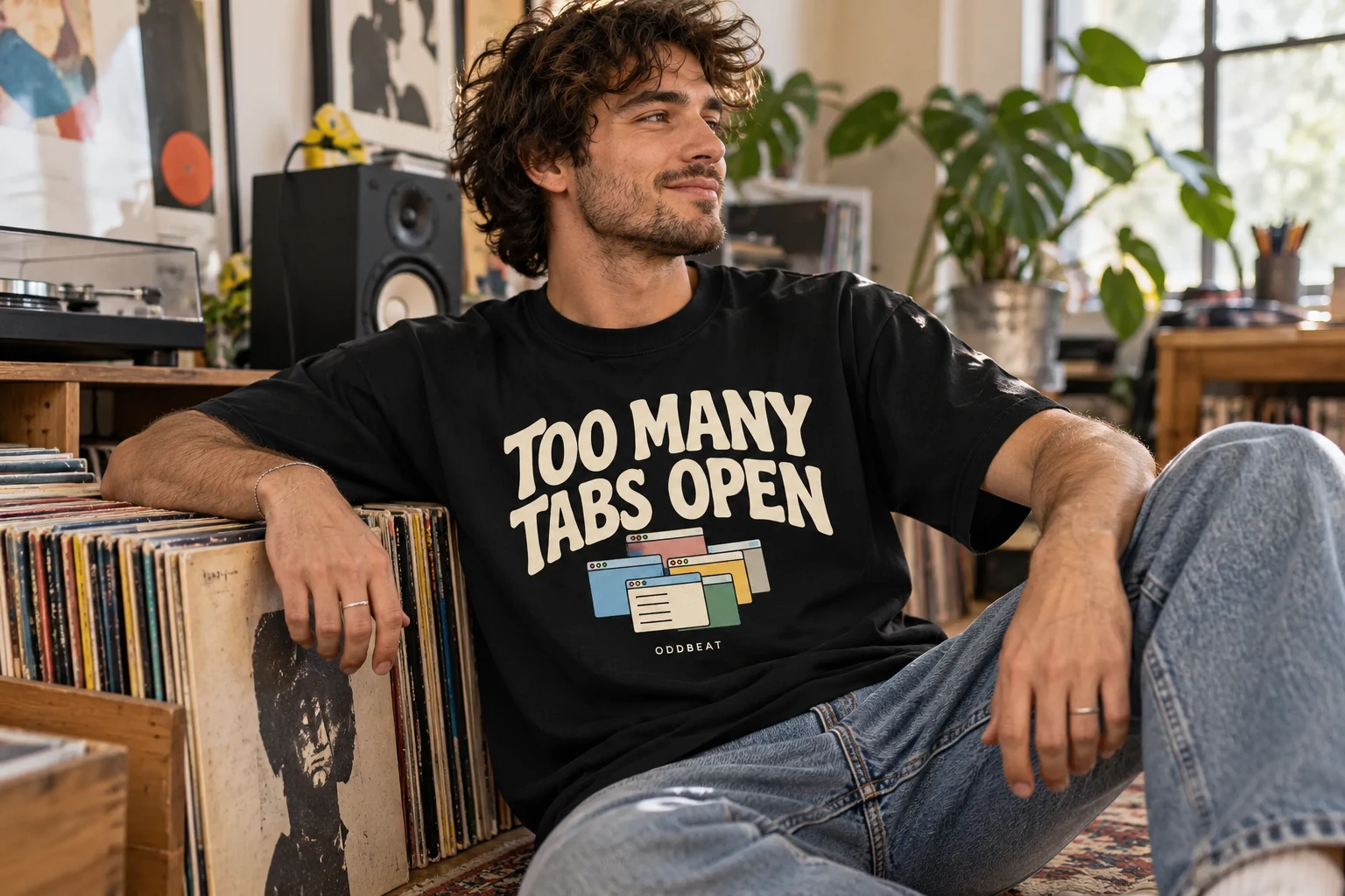 Adult model wearing the Too Many Tabs Open black T-shirt in a creative studio