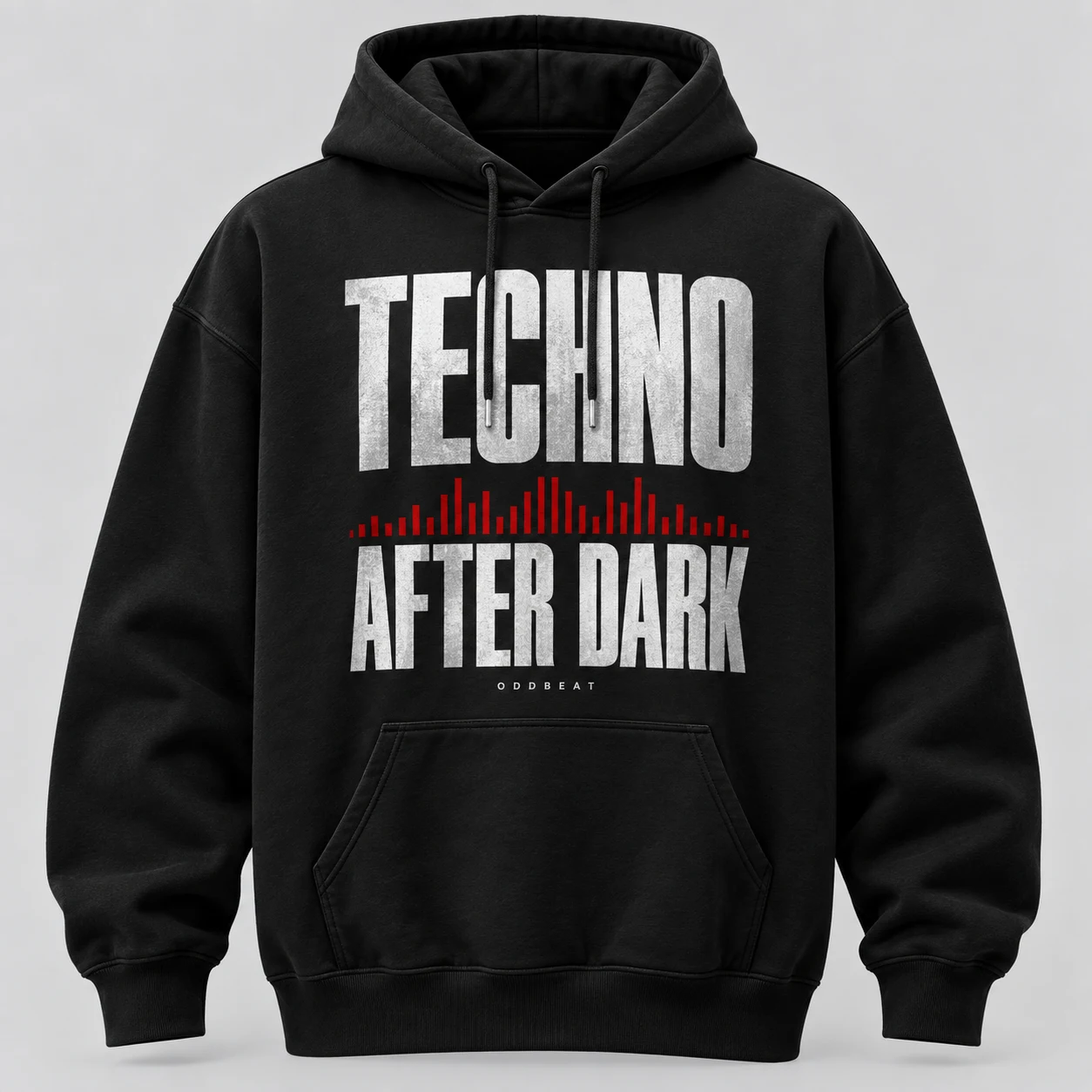 Techno After Dark Hoodie in Black / Silver / Red — concept mockup