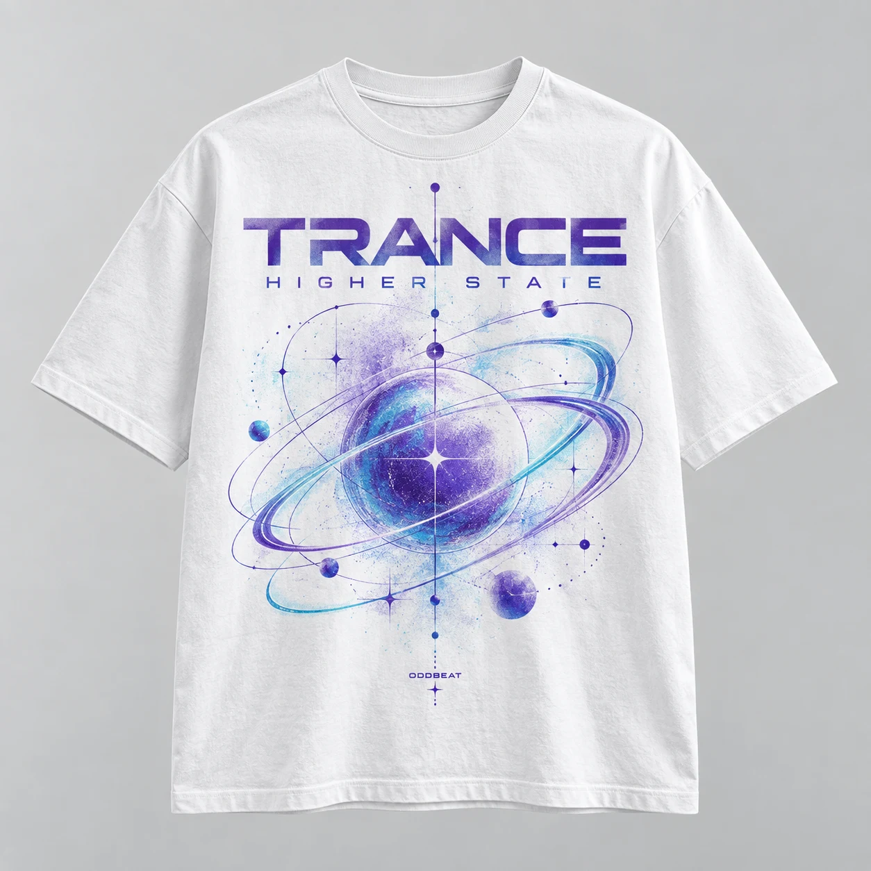 Higher State Trance Tee in White / Purple / Cyan — concept mockup