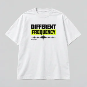 Different Frequency Tee in white / black / yellow with a compact chest print — concept mockup