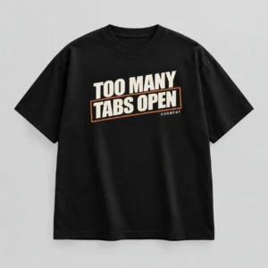 Too Many Tabs Open Tee in black / cream / multicolour with a compact chest print — concept mockup