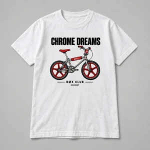 Chrome Dreams Tee in white with a compact chest print — concept mockup