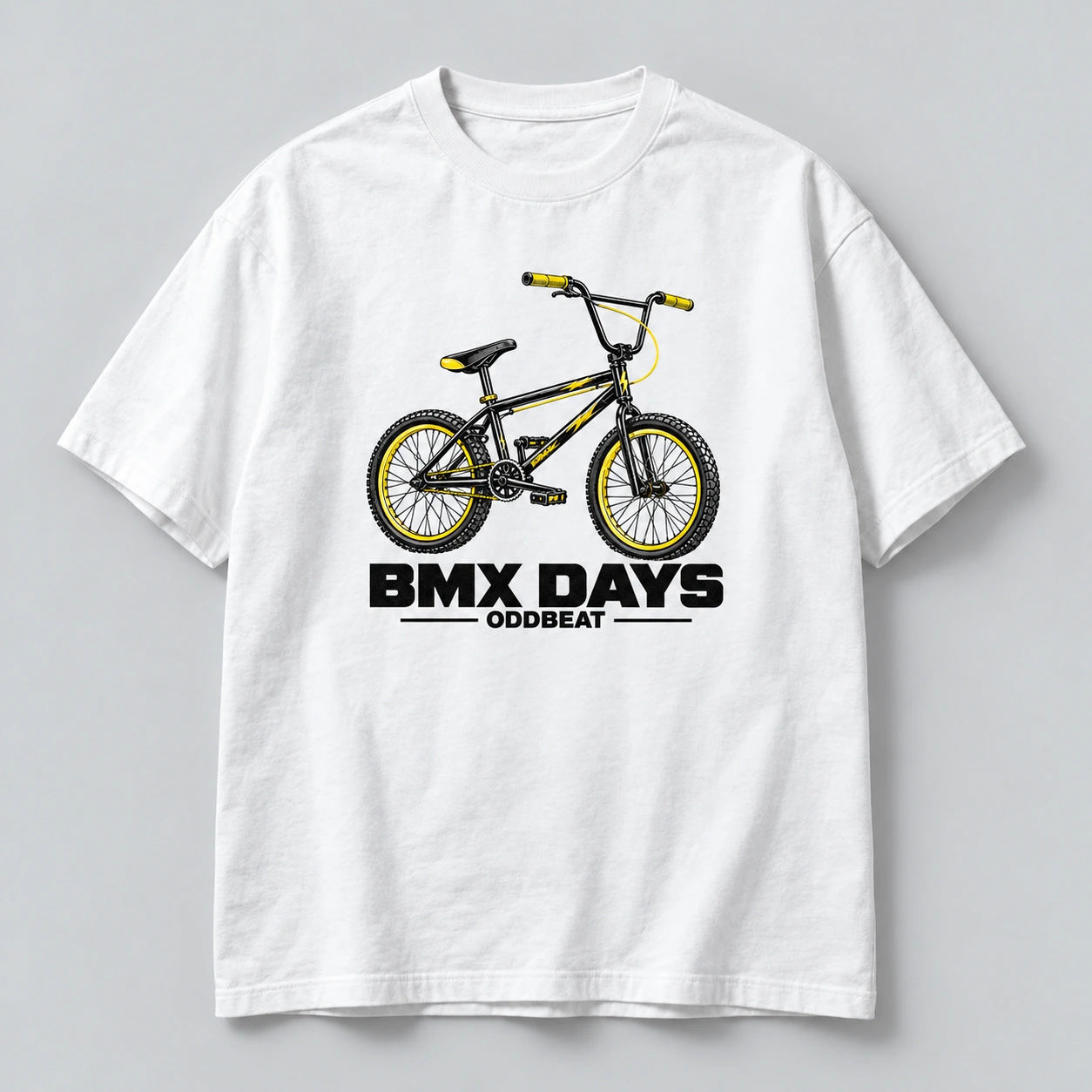 BMX Days Tee in white / yellow with a compact chest print — concept mockup