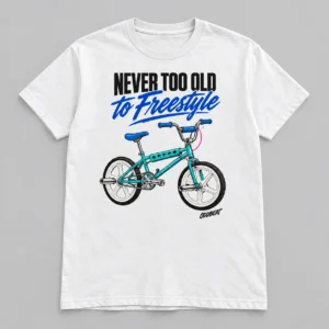 Never Too Old To Freestyle Tee in white with a compact chest print — concept mockup