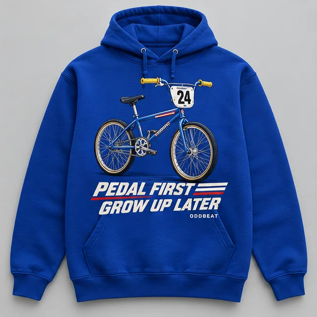 Pedal First Grow Up Later Hoodie concept mockup