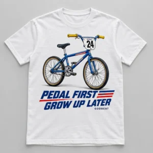 Pedal First Grow Up Later Tee concept mockup