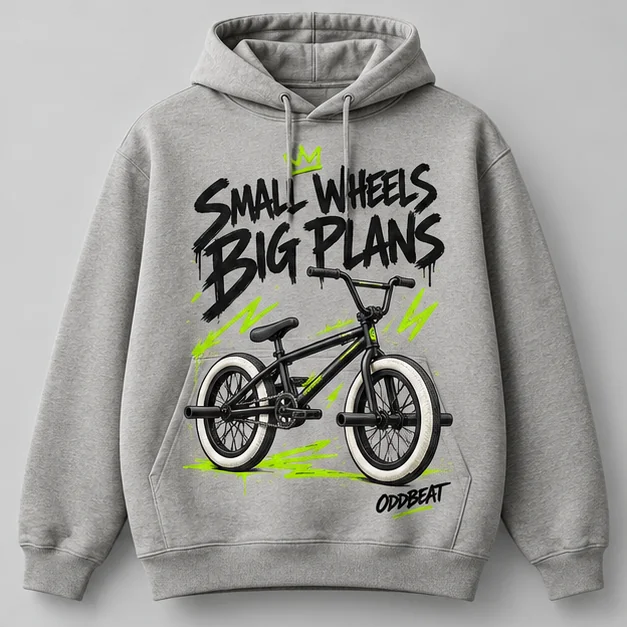 Small Wheels Big Plans Hoodie concept mockup