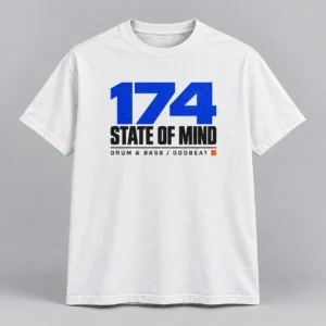 174 State Of Mind Tee in white with a compact chest print — concept mockup