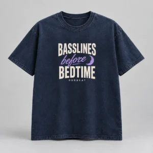 Basslines Before Bedtime Tee in washed navy with a compact chest print — concept mockup