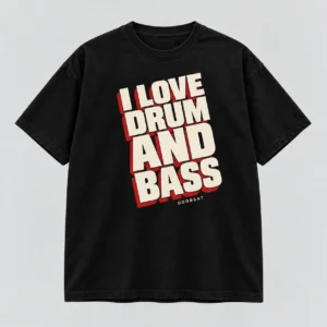 I Love Drum & Bass Tee in black / cream / red with a compact chest print — concept mockup