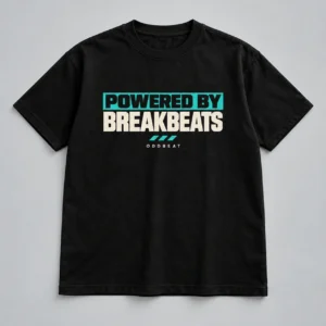 Powered By Breakbeats Tee in black with a compact chest print — concept mockup