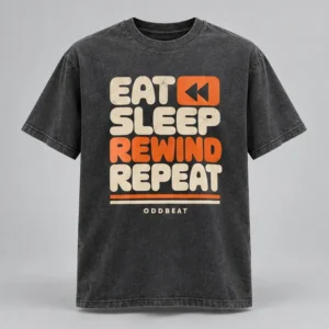 Eat Sleep Rewind Repeat Tee concept mockup