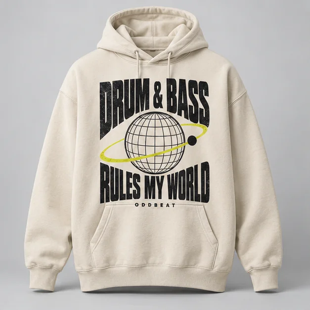 Drum & Bass Rules My World Hoodie concept mockup