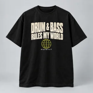 Drum & Bass Rules My World Tee in black with a compact chest print — concept mockup