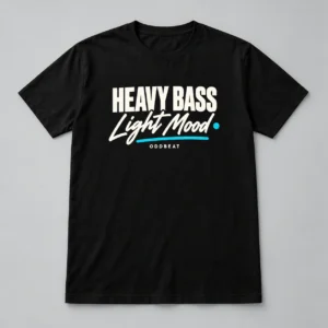 Heavy Bass Light Mood Tee in black with a compact chest print — concept mockup