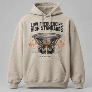Low Frequencies High Standards Hoodie concept mockup
