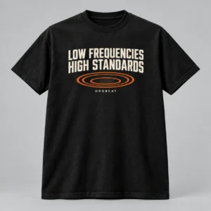 Low Frequencies High Standards Tee in black with a compact chest print — concept mockup