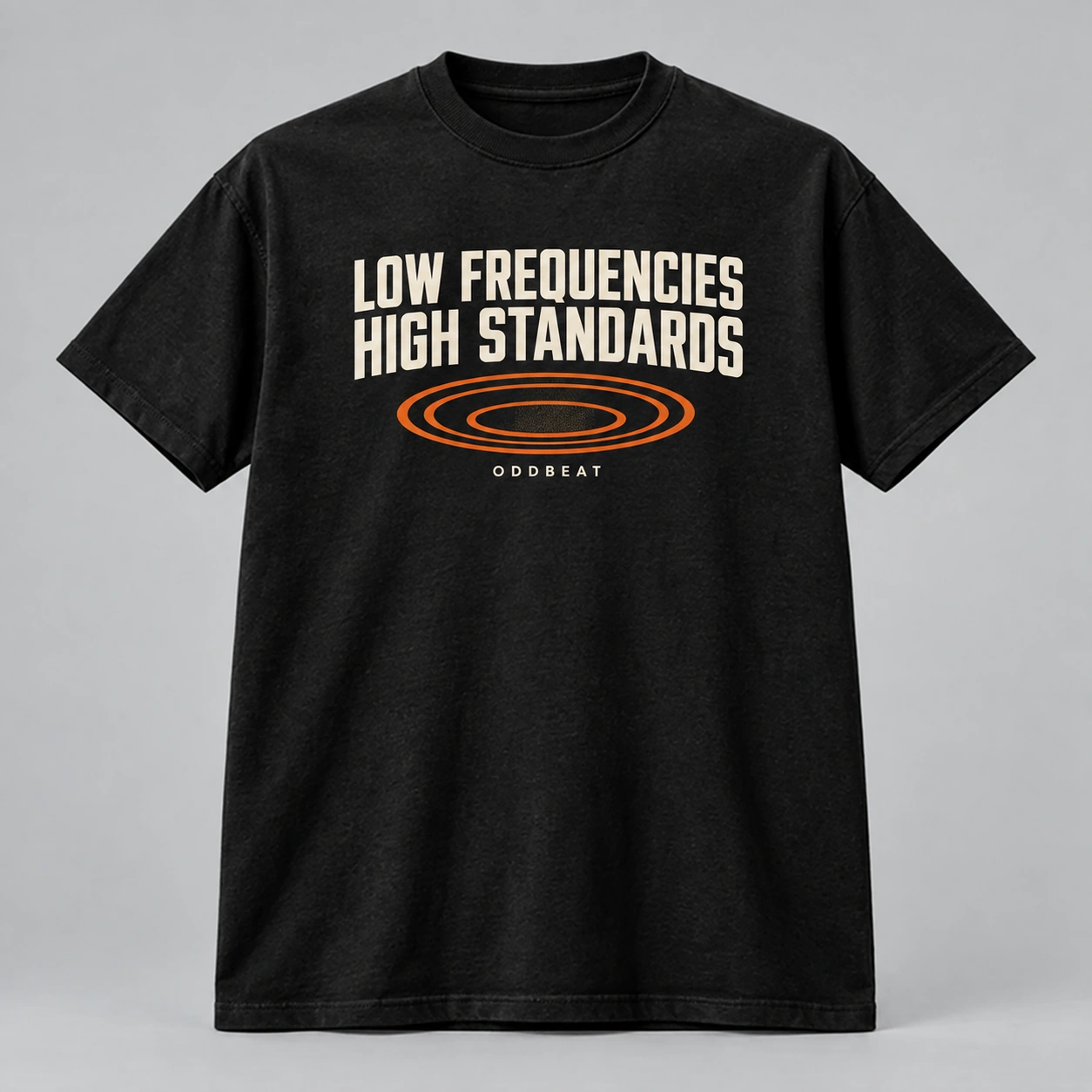 Low Frequencies High Standards Tee in black with a compact chest print — concept mockup