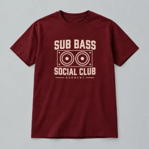 Sub Bass Social Club Tee in burgundy with a compact chest print — concept mockup