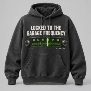 Locked To The Garage Frequency Hoodie concept mockup