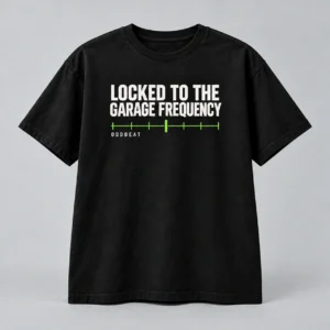 Locked To The Garage Frequency Tee in black with a compact chest print — concept mockup