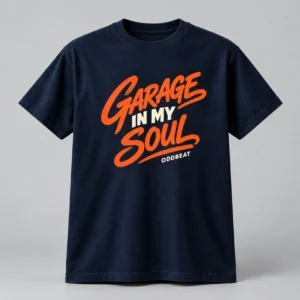 Garage In My Soul Tee in navy with a compact chest print — concept mockup