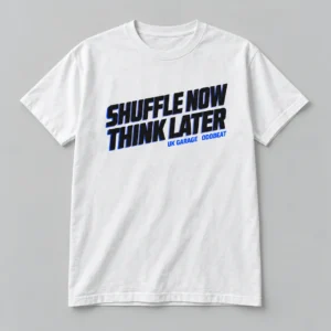 Shuffle Now Think Later Tee in white with a compact chest print — concept mockup