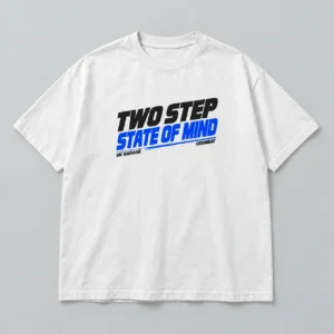Two Step State of Mind Tee in white / navy / blue with a compact chest print — concept mockup