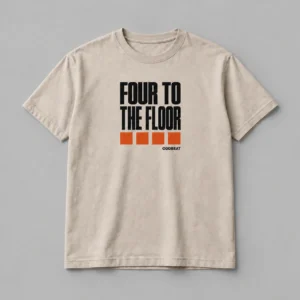 Four To The Floor Tee in stone with a compact chest print — concept mockup