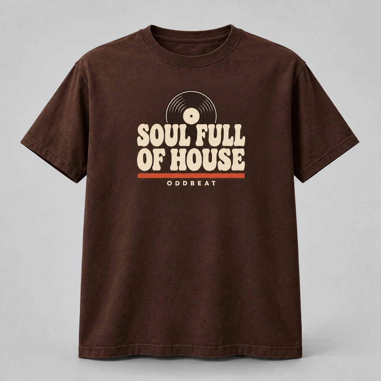 Soul Full Of House Tee in chocolate brown with a compact chest print — concept mockup