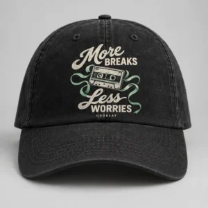 More Breaks Less Worries Cap concept mockup