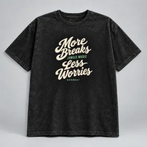 More Breaks Less Worries Tee in washed black with a compact chest print — concept mockup