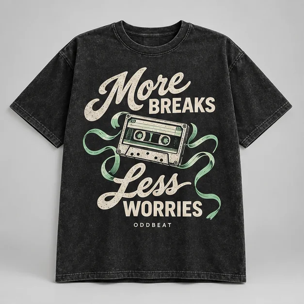 More Breaks Less Worries Tee concept mockup
