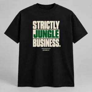 Strictly Jungle Business Tee in black with a compact chest print — concept mockup
