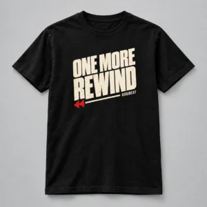 One More Rewind Tee in black with a compact chest print — concept mockup