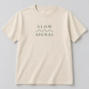 Slow Signal Tee in Oat / Forest — compact graphic concept mockup
