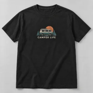 Camper Life Tee in Washed Black / Cream — compact graphic concept mockup