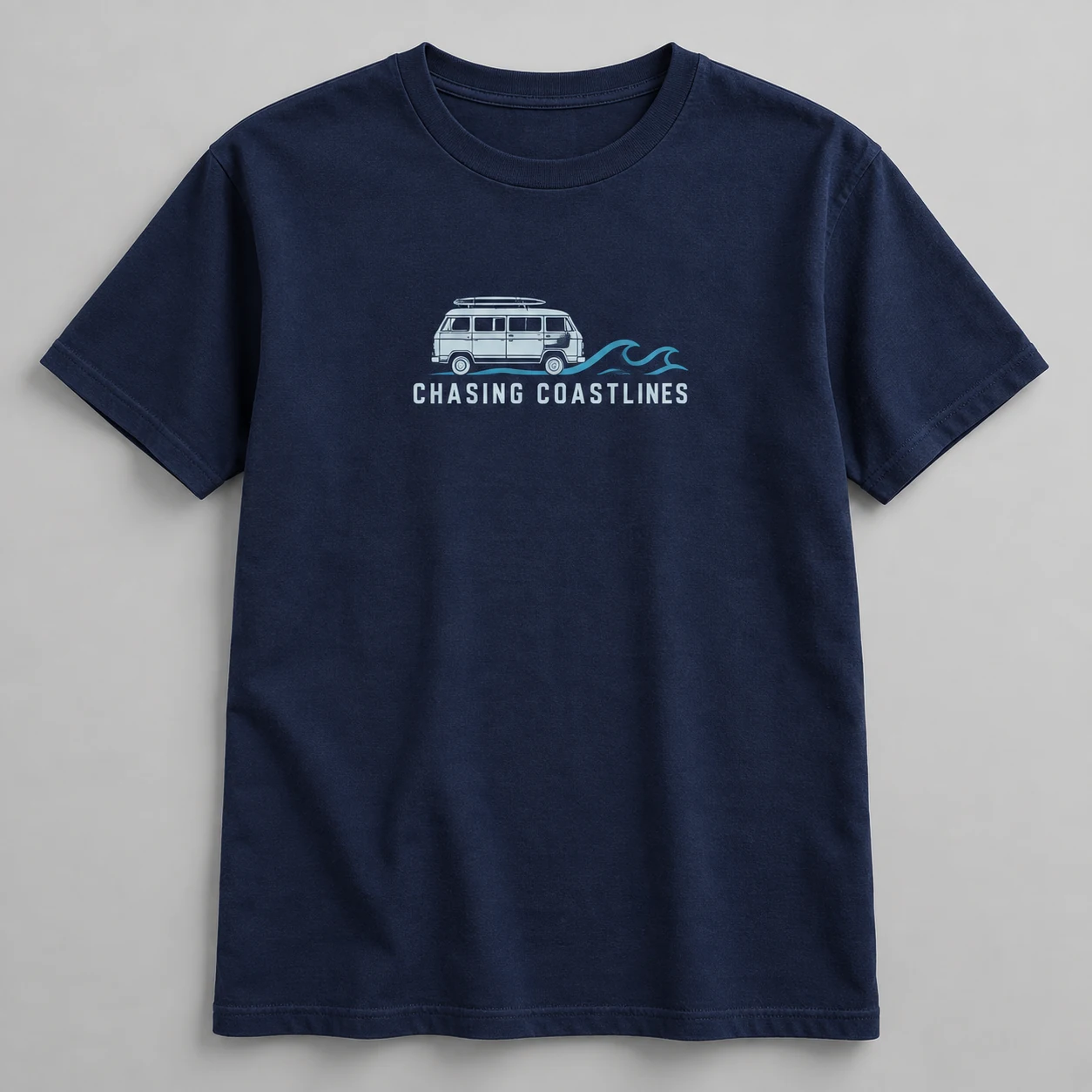 Chasing Coastlines Tee in Navy / Pale Blue — compact graphic concept mockup