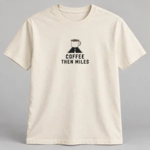 Coffee Then Miles Tee in Natural / Ink Black — compact graphic concept mockup