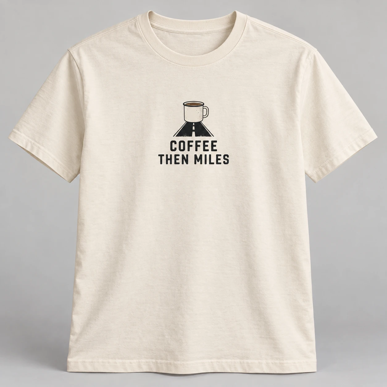 Coffee Then Miles Tee in Natural / Ink Black — compact graphic concept mockup