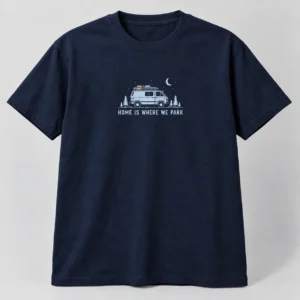 Home Is Where We Park Tee in Navy / Pale Blue — compact graphic concept mockup