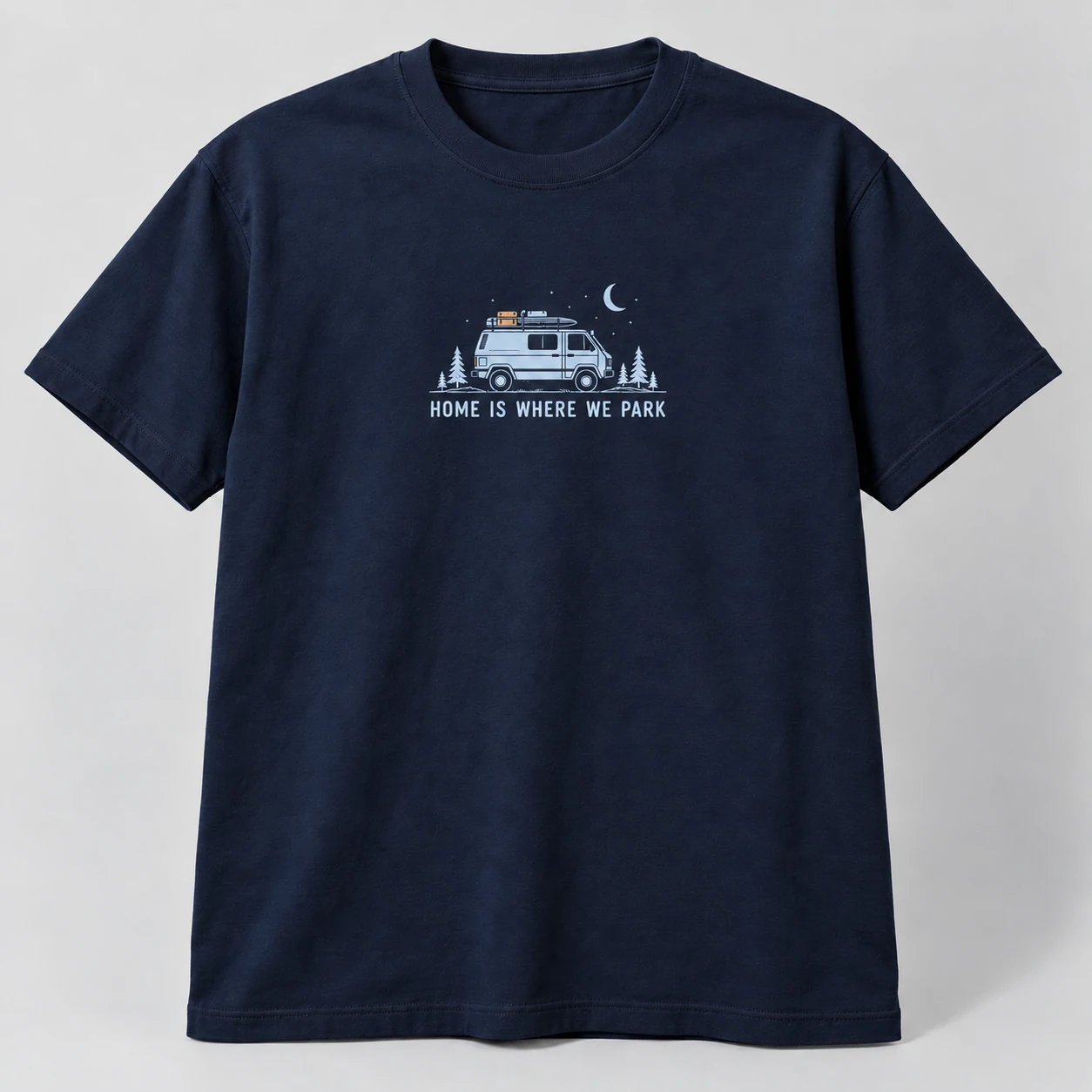Home Is Where We Park Tee in Navy / Pale Blue — compact graphic concept mockup