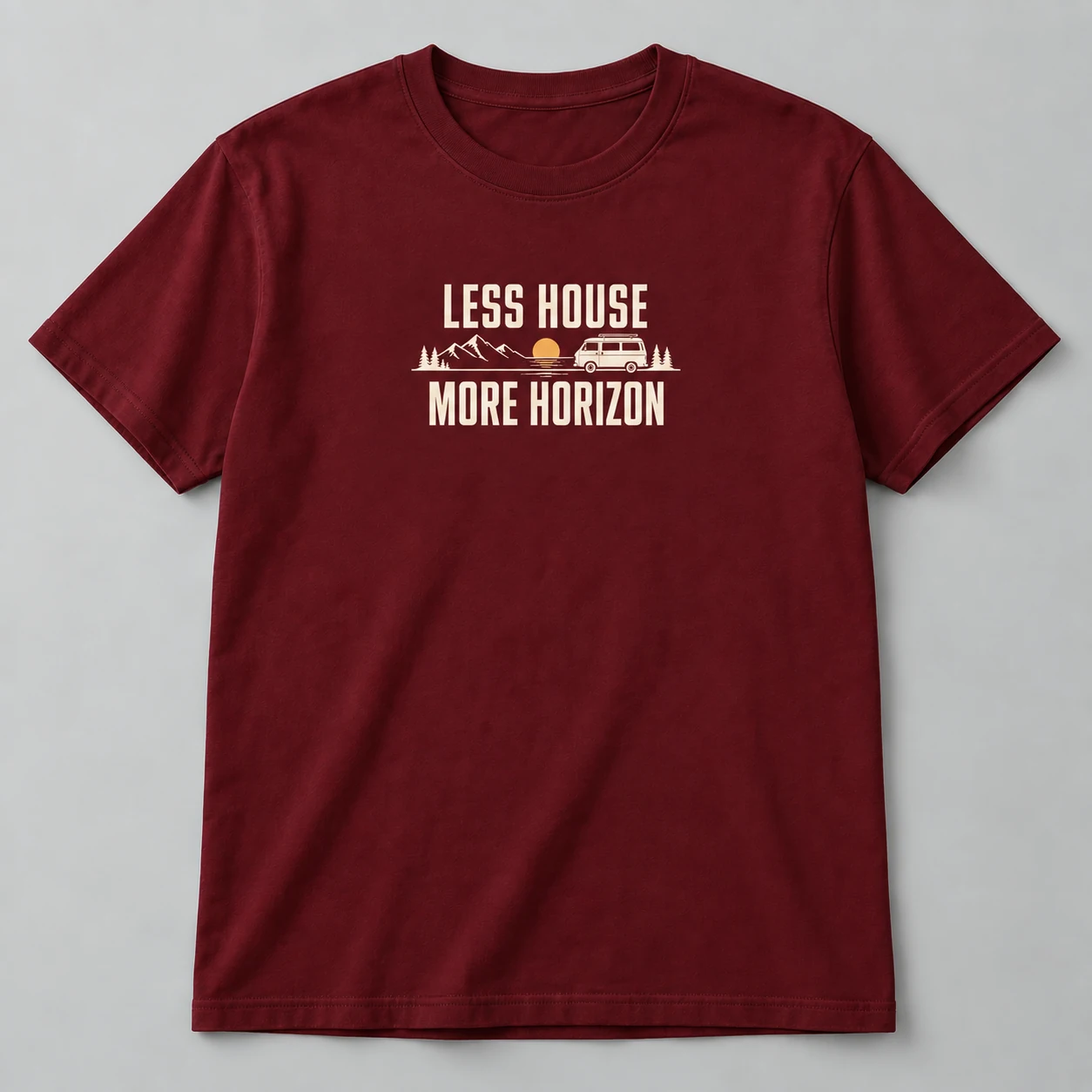Less House More Horizon Tee in Burgundy / Cream — compact graphic concept mockup