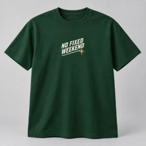 No Fixed Weekend Tee in Forest / Cream — compact graphic concept mockup