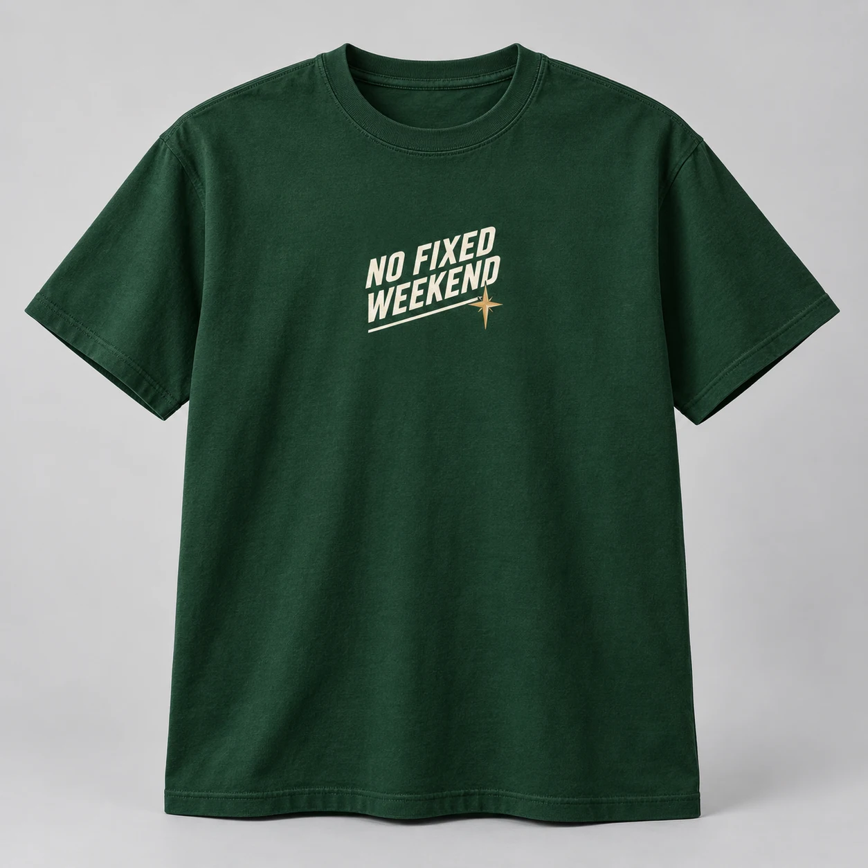 No Fixed Weekend Tee in Forest / Cream — compact graphic concept mockup